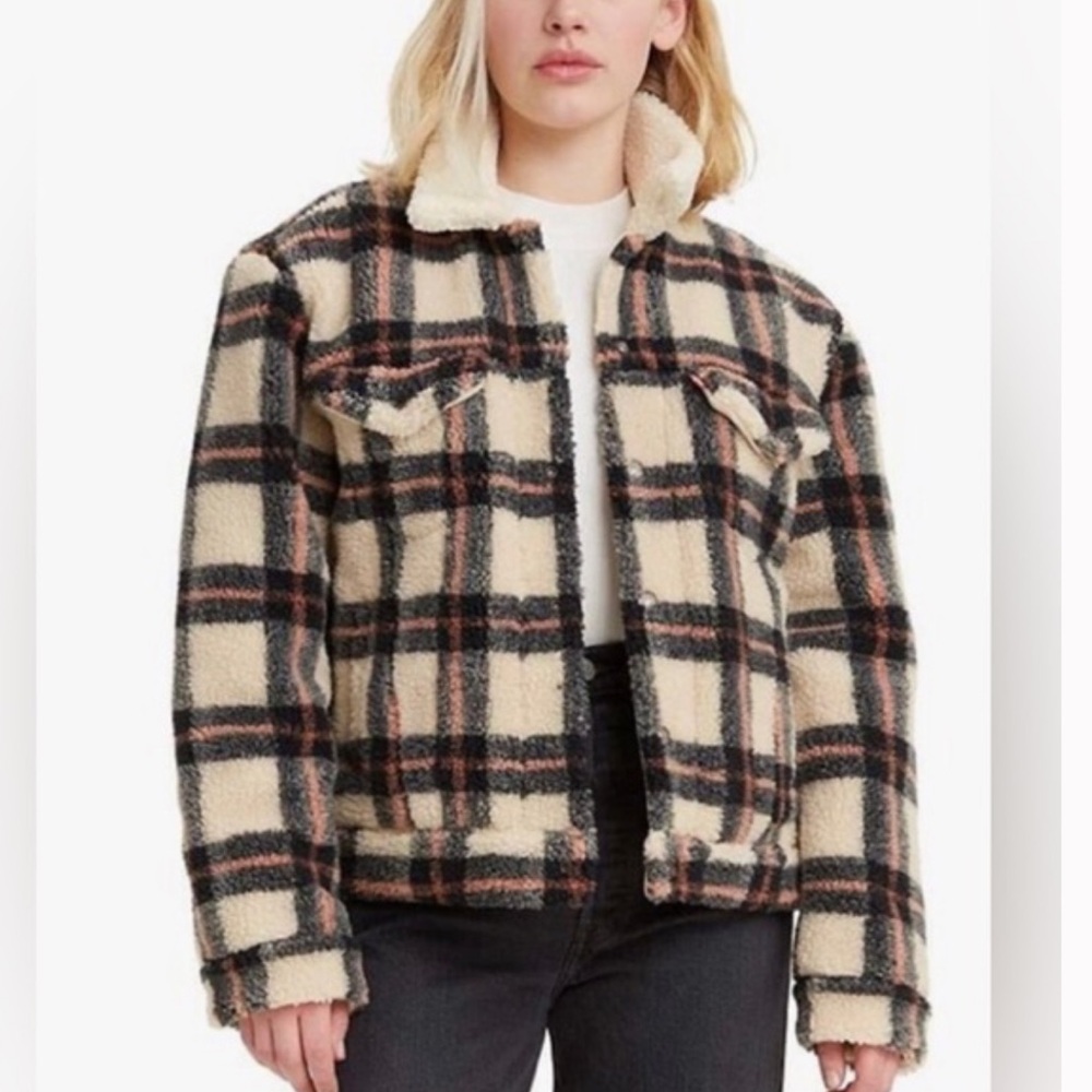Levi's Black Cream Plaid Ex-Boyfriend Sherpa Truckers Jacket Sz XL Collar Pocket